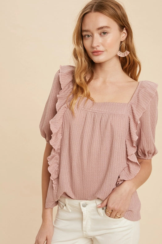 Square Neck Ruffled Waffle Knit DUSTY PINK