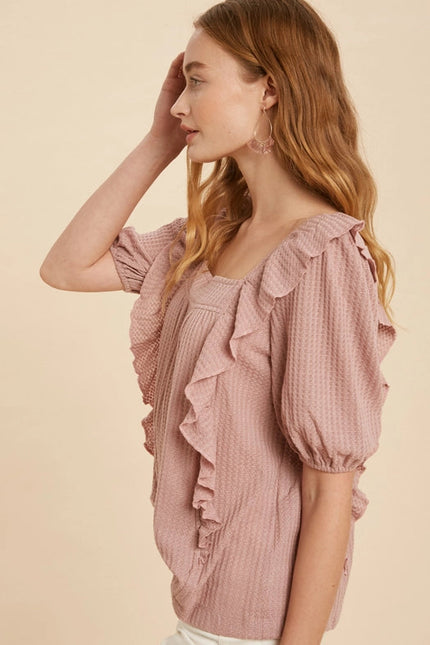 Square Neck Ruffled Waffle Knit DUSTY PINK