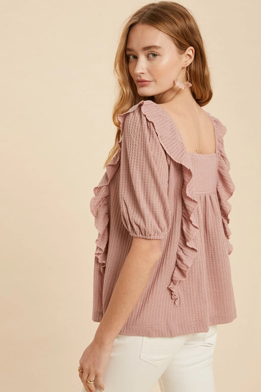 Square Neck Ruffled Waffle Knit DUSTY PINK