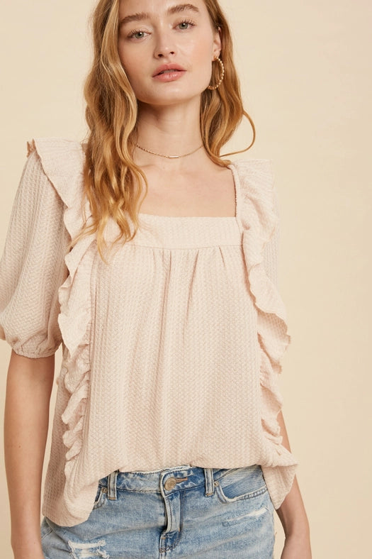 Square Neck Ruffled Waffle Knit NUDE