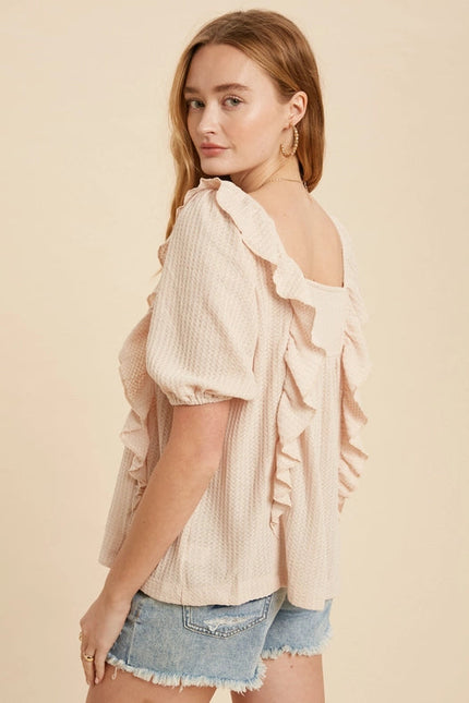 Square Neck Ruffled Waffle Knit NUDE