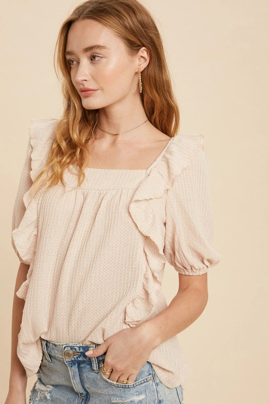 Square Neck Ruffled Waffle Knit NUDE