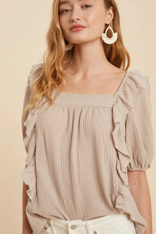 Square Neck Ruffled Waffle Knit SILVER