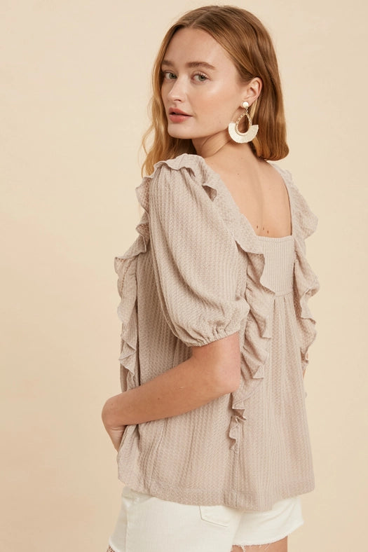 Square Neck Ruffled Waffle Knit SILVER