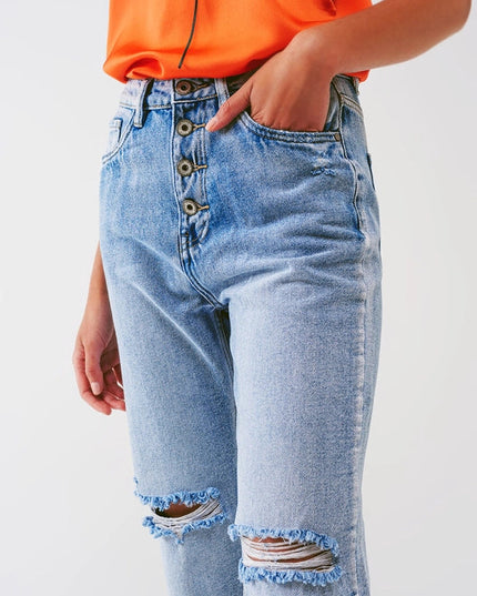 Sraight-Leg Jeans With Exposed Buttons And Ripped Knees