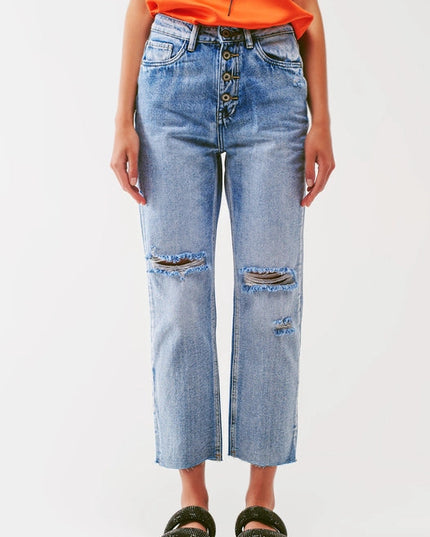 Sraight-Leg Jeans With Exposed Buttons And Ripped Knees