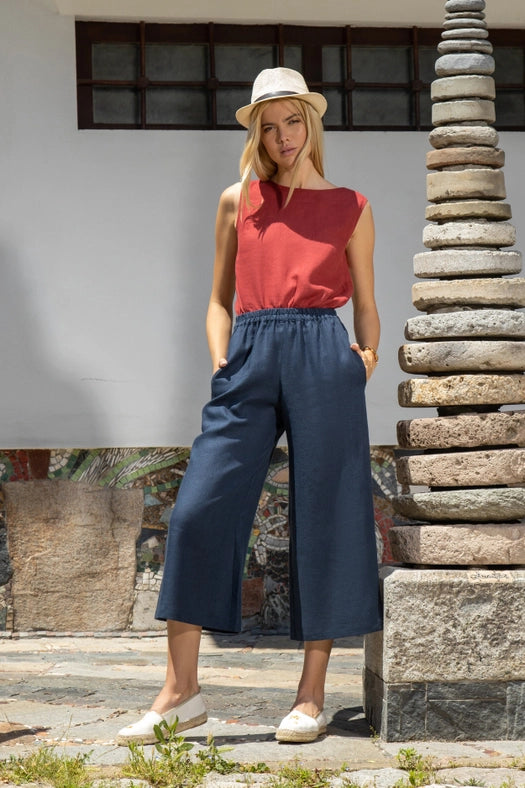 St Tropez Cropped Linen Wide-Leg Trousers