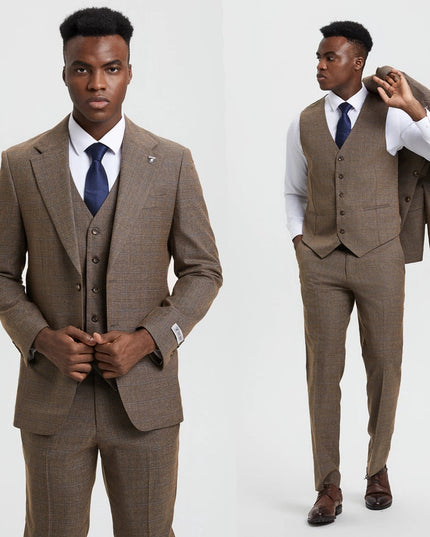 Stacy Adams, 3-PC Plaid Suit, Hybrid Fit, Brown