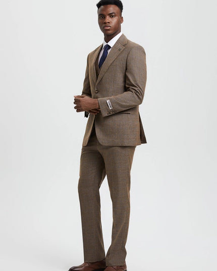 Stacy Adams, 3-PC Plaid Suit, Hybrid Fit, Brown