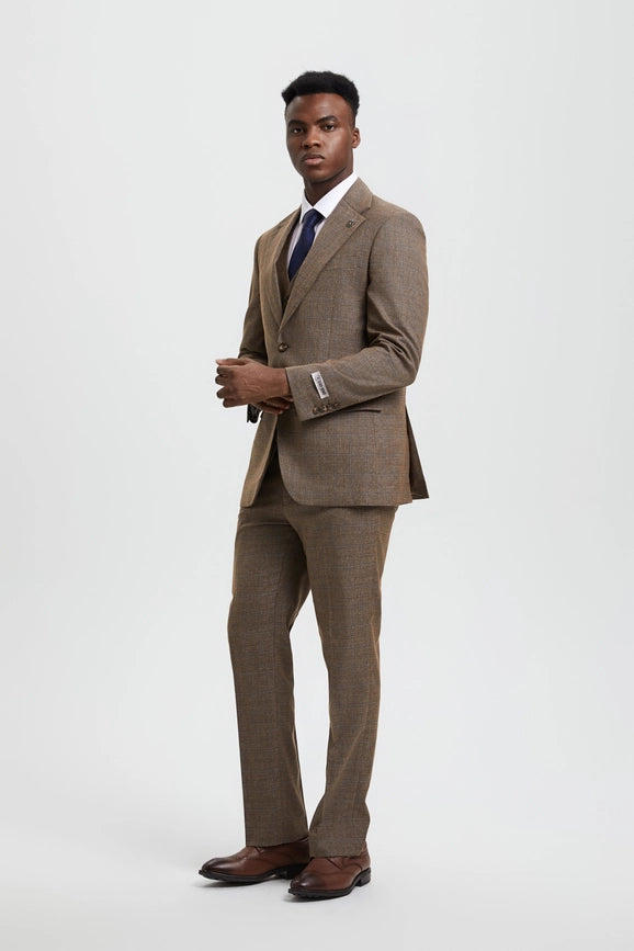 Stacy Adams, 3-PC Plaid Suit, Hybrid Fit, Brown