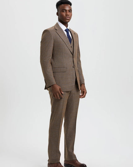 Stacy Adams, 3-PC Plaid Suit, Hybrid Fit, Brown