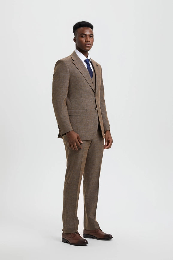 Stacy Adams, 3-PC Plaid Suit, Hybrid Fit, Brown