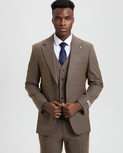 Stacy Adams, 3-PC Plaid Suit, Hybrid Fit, Brown