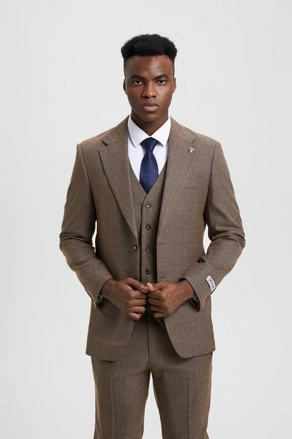 Stacy Adams, 3-PC Plaid Suit, Hybrid Fit, Brown