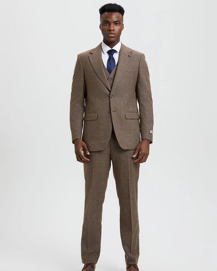 Stacy Adams, 3-PC Plaid Suit, Hybrid Fit, Brown