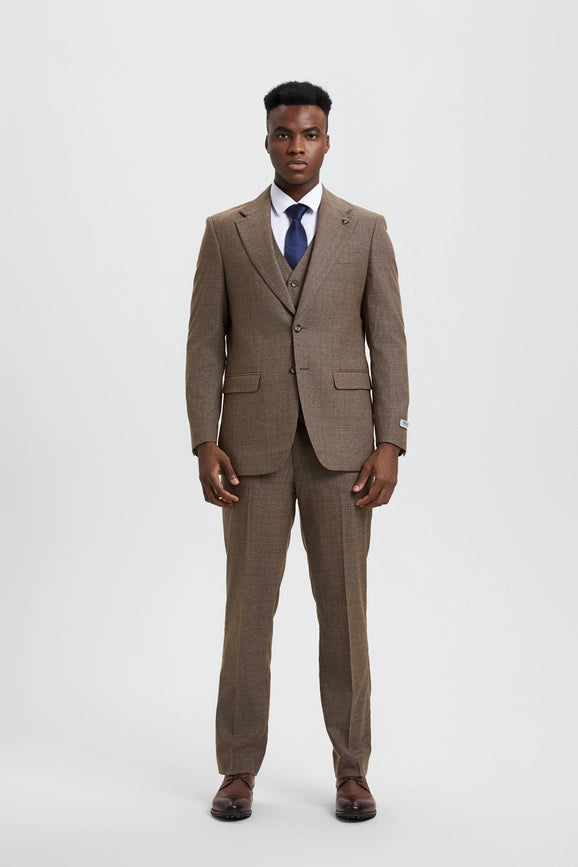 Stacy Adams, 3-PC Plaid Suit, Hybrid Fit, Brown