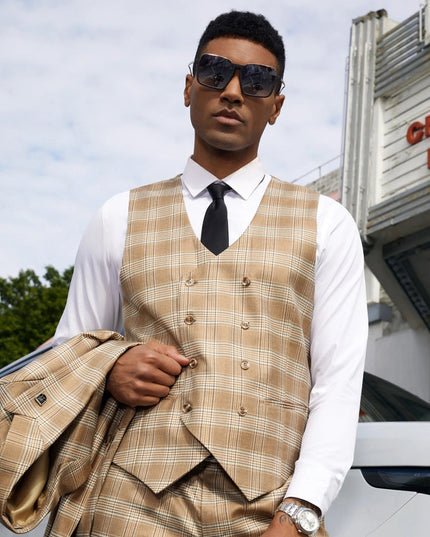 Stacy Adams Hybrid Fit Plaid Suit w/ Double Breasted Vest