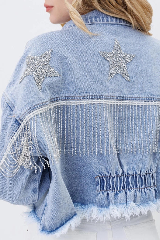 Star Rhinestone Fringe Back Elastic Denim Jacket  Denim