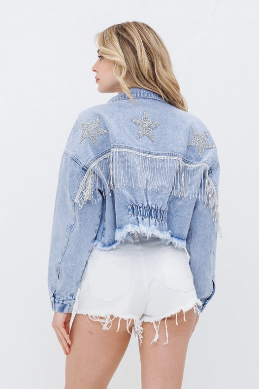 Star Rhinestone Fringe Back Elastic Denim Jacket  Denim