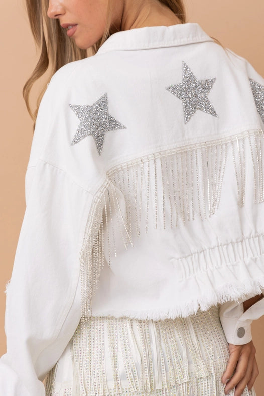 Star Rhinestone Fringe Back Elastic Denim Jacket  White