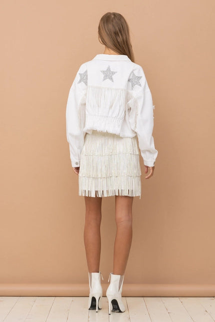 Star Rhinestone Fringe Back Elastic Denim Jacket  White