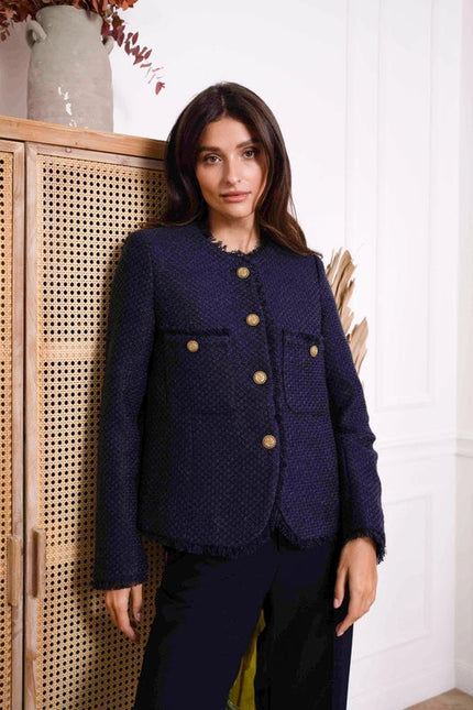 Straight Cut Tweed Jacket Navy