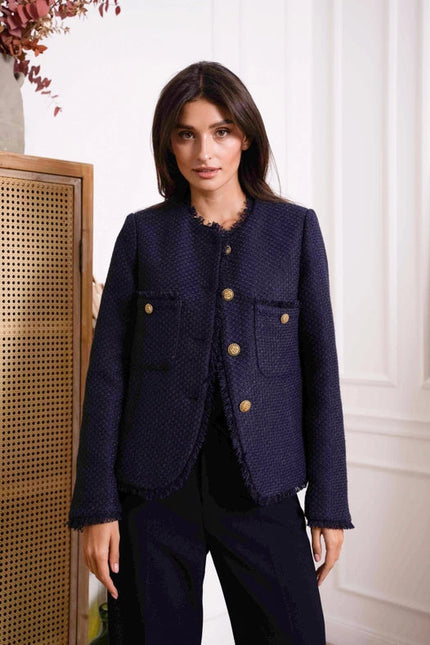 Straight Cut Tweed Jacket Navy