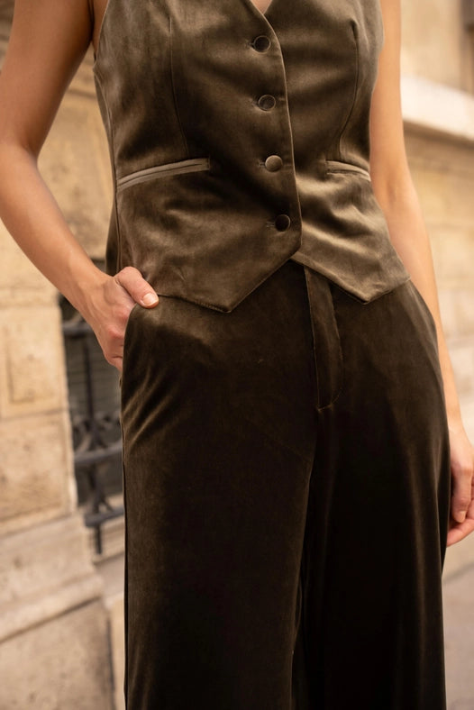 Straight Cut Velvet Pants Khaki