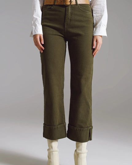 Straight Leg Jeans With Cropped Hem In Dark Green