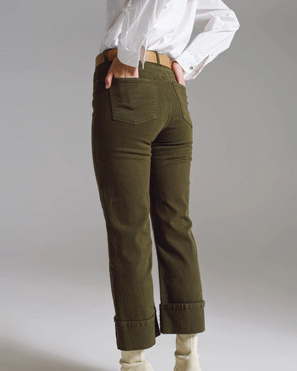 Straight Leg Jeans With Cropped Hem In Dark Green