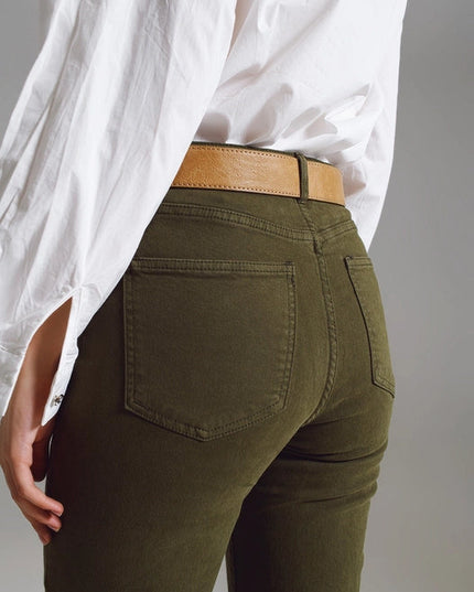 Straight Leg Jeans With Cropped Hem In Dark Green