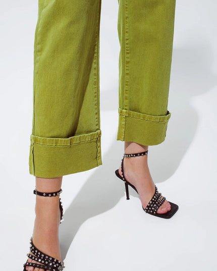 Straight Leg Jeans With Cropped Hem In Olive Green