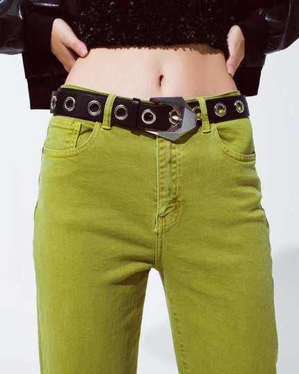 Straight Leg Jeans With Cropped Hem In Olive Green