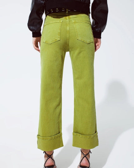 Straight Leg Jeans With Cropped Hem In Olive Green