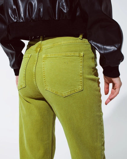 Straight Leg Jeans With Cropped Hem In Olive Green