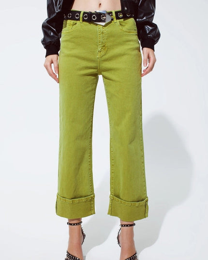 Straight Leg Jeans With Cropped Hem In Olive Green