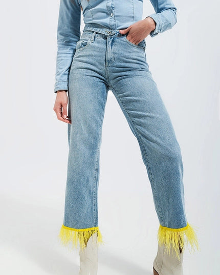 Straight Leg Jeans With Yellow Faux Feather Hem