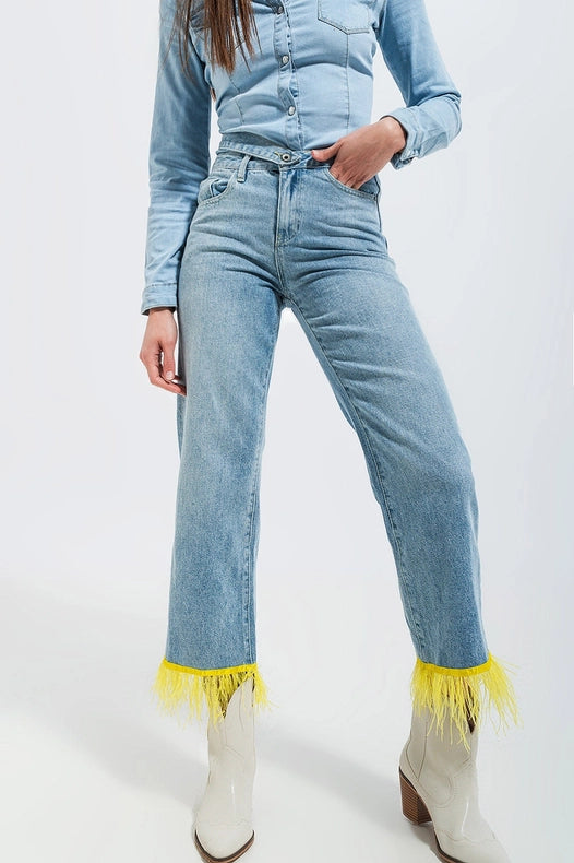 Straight Leg Jeans With Yellow Faux Feather Hem