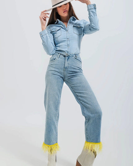 Straight Leg Jeans With Yellow Faux Feather Hem