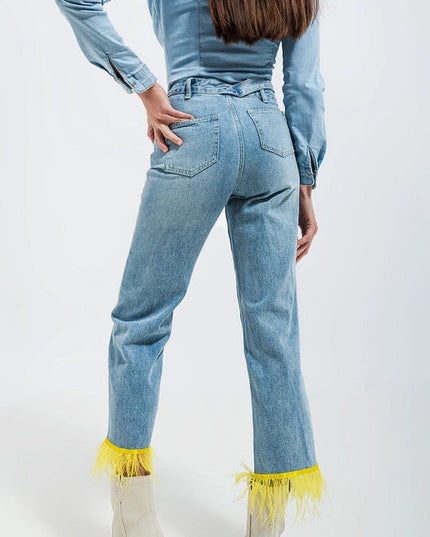 Straight Leg Jeans With Yellow Faux Feather Hem