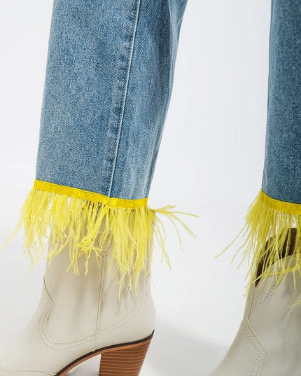 Straight Leg Jeans With Yellow Faux Feather Hem