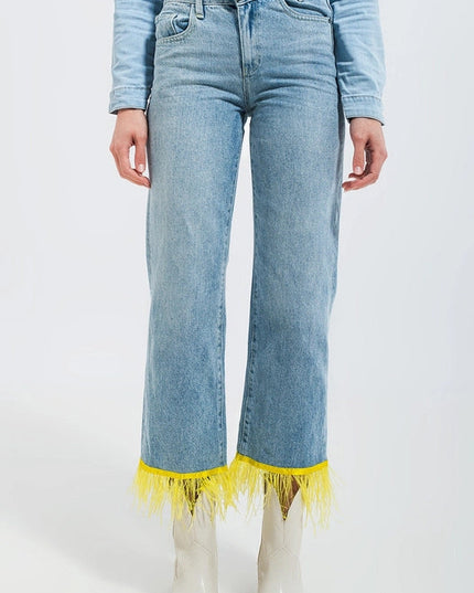 Straight Leg Jeans With Yellow Faux Feather Hem