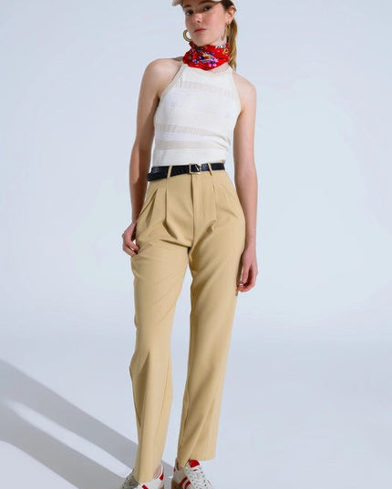 Straight Leg Trousers with Side Pockets and Darts in Beige