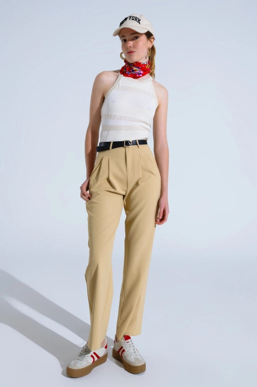 Straight Leg Trousers with Side Pockets and Darts in Beige