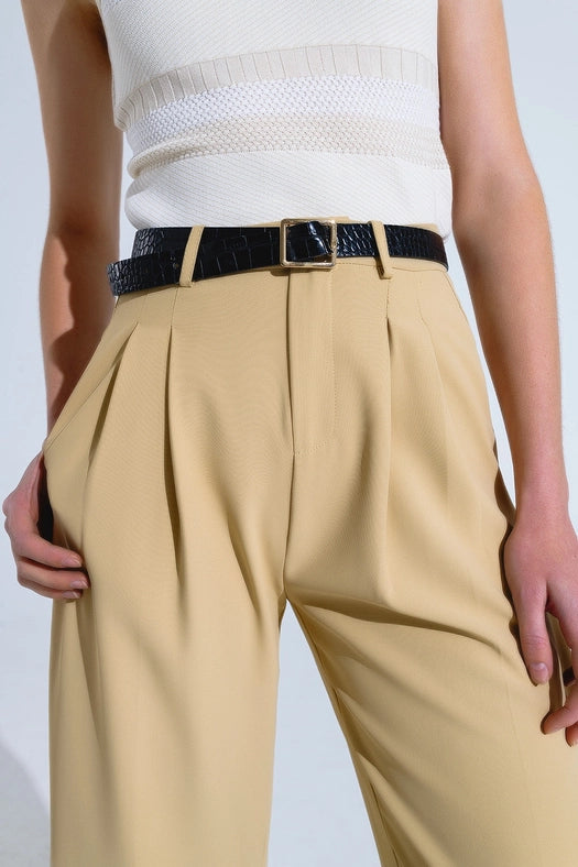 Straight Leg Trousers with Side Pockets and Darts in Beige