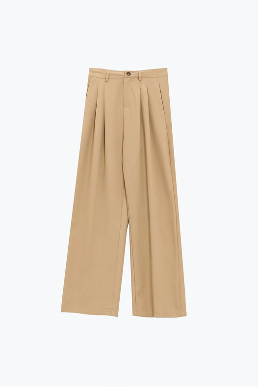 Straight Leg Trousers With Side Pockets And Darts In Beige