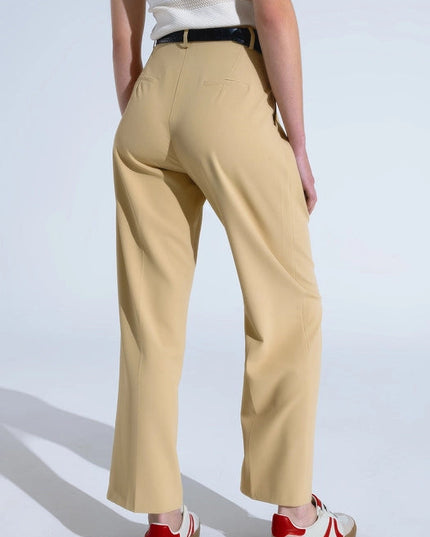 Straight Leg Trousers With Side Pockets And Darts In Beige