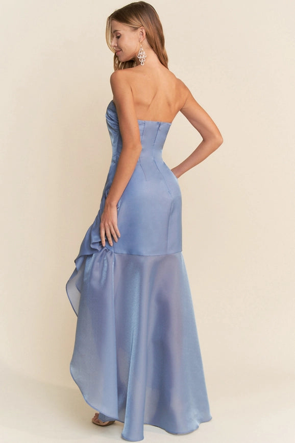 Straight Neckline Strapless Ruffle Asymmetrical High Low Dress Dusty Blue