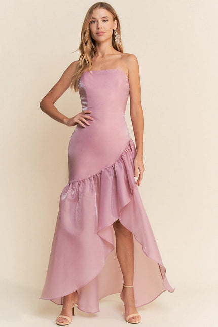 Straight Neckline Strapless Ruffle Asymmetrical High Low Dress Dusty Pink