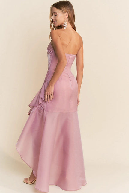 Straight Neckline Strapless Ruffle Asymmetrical High Low Dress Dusty Pink